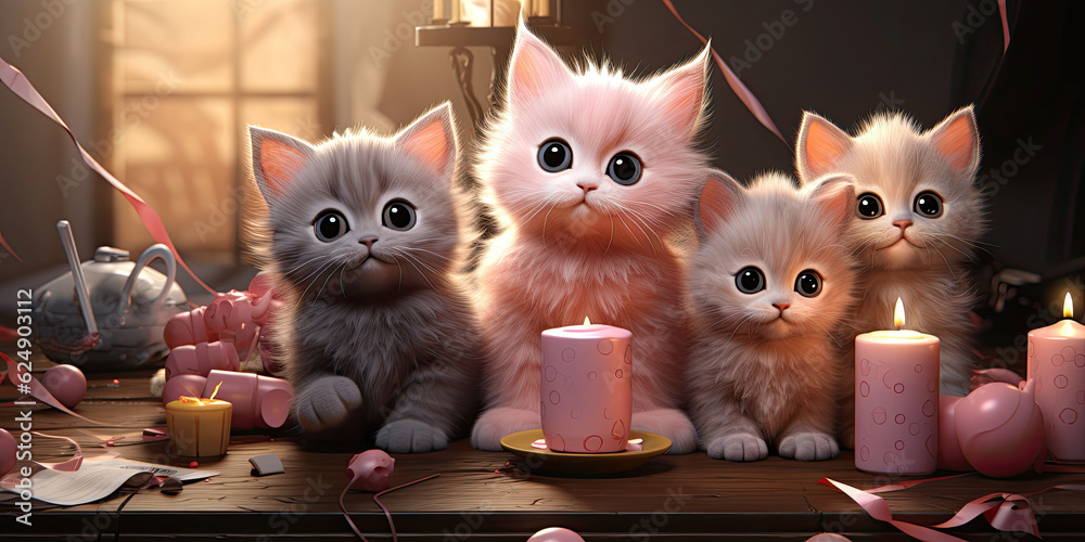 funny adaroble cute cats makes a birthday party, photorealistic,Generative ai - obrazy, fototapety, plakaty 