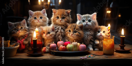 funny adaroble cute cats makes a birthday party, photorealistic,generative ai