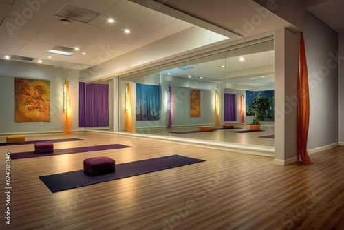 empty yoga studio with mats and calming lighting, created with generative ai