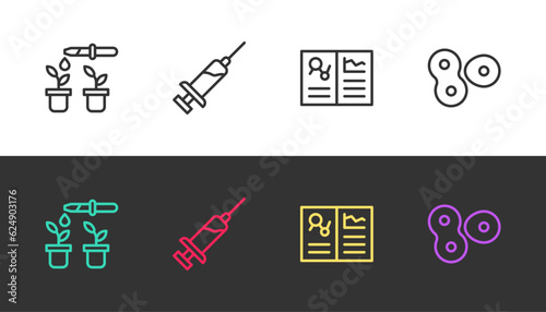 Set line Pipette and plant, Syringe, Clinical record and Cell division on black and white. Vector