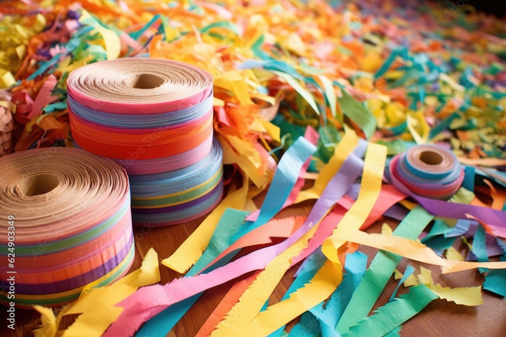 colorful paper strips and glue for pinata crafting, created with generative ai
