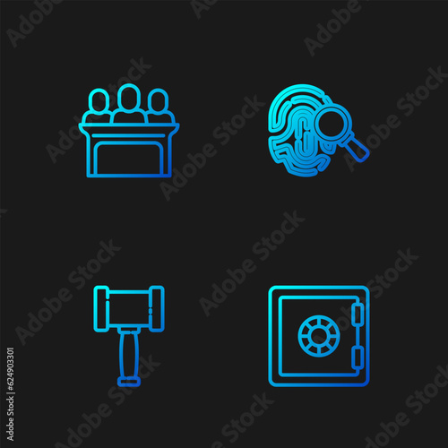Set line Safe, Judge gavel, Jurors and Fingerprint. Gradient color icons. Vector