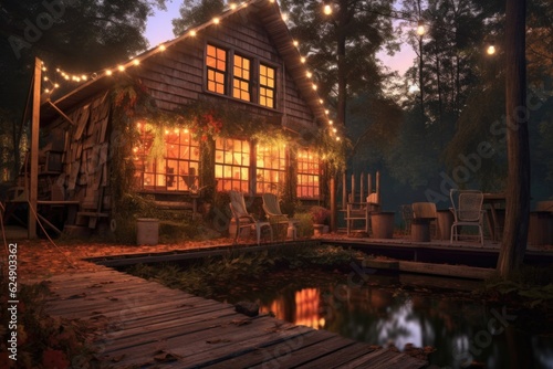 cabin lit up with string lights in the evening, created with generative ai © Alfazet Chronicles