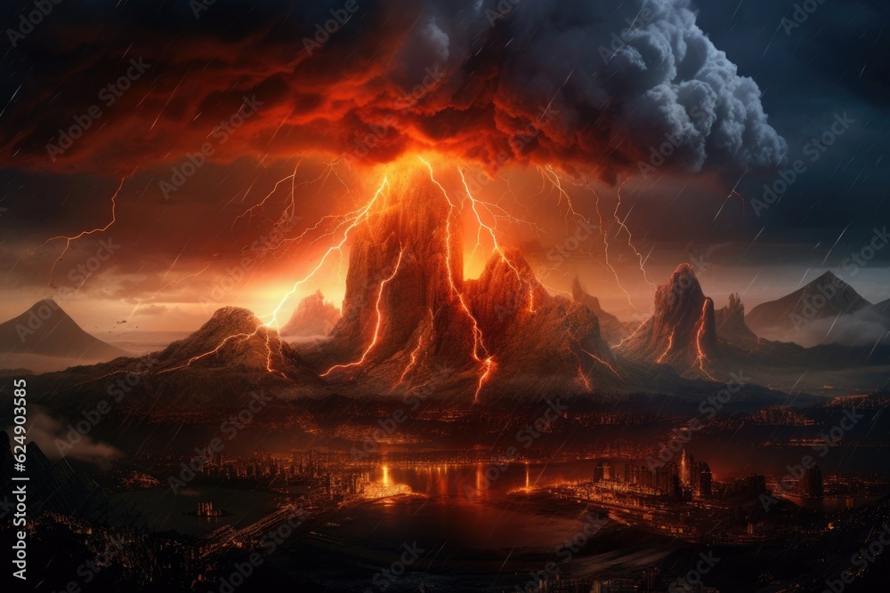 dramatic volcanic eruption with lightning bolts, created with generative ai