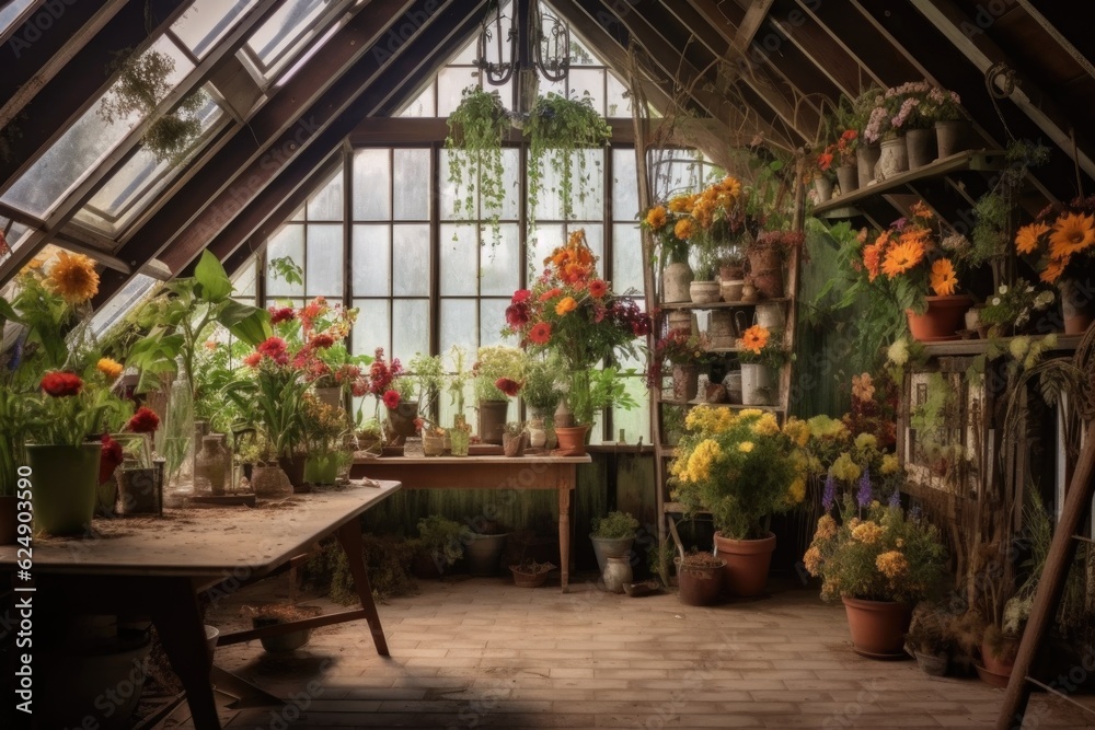 rustic greenhouse with colorful flowers inside, created with generative ai rustic greenhouse with colorful flowers inside, created with generative ai