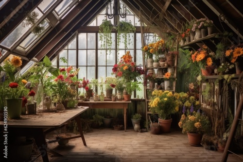 rustic greenhouse with colorful flowers inside, created with generative ai