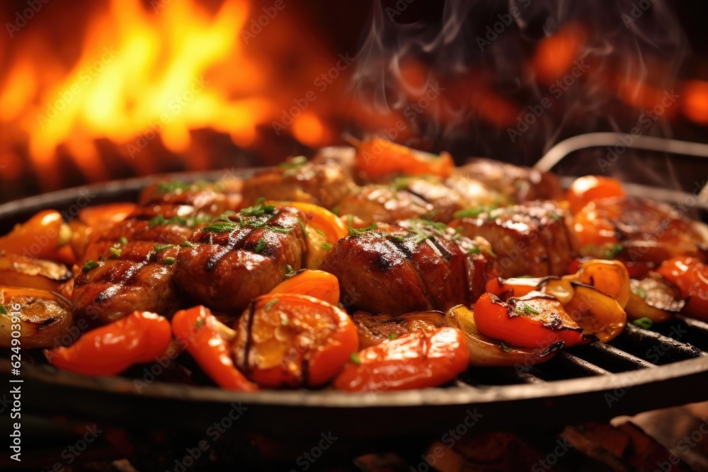 sizzling sausages on a flaming grill, close-up, created with generative ai