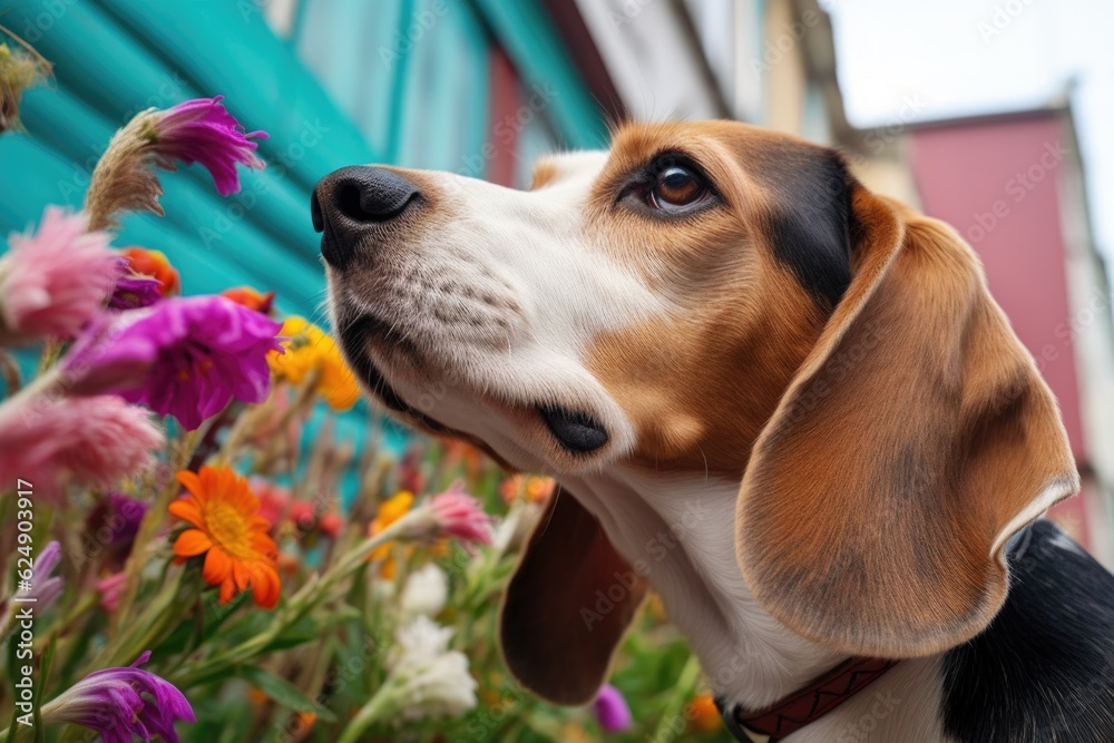 beagle sniffing scent near colorful flowers, created with generative ai