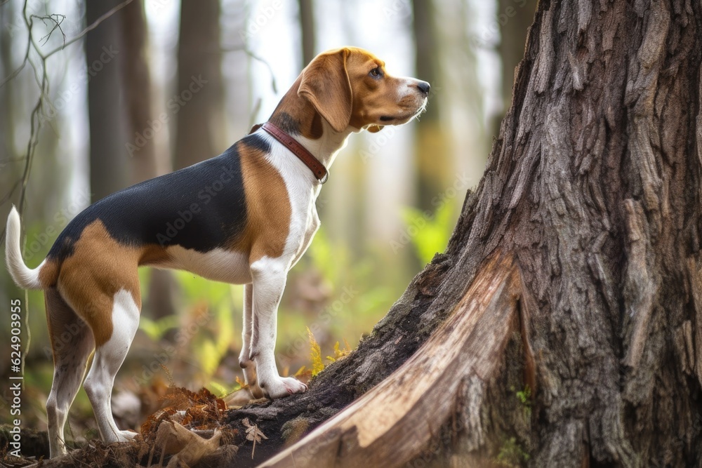 beagle investigating scent near a tree trunk, created with generative ai