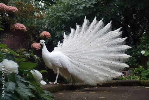 albino peacock displaying feathers in garden, created with generative ai