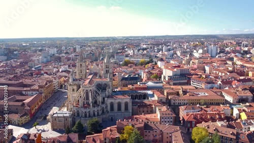 Beautiful city of LEON - Spain, with his spectacular Cathedral,  a gothic style building. Drone tracking left. Panoramic view of the city. Travel destination north-west of Spain.