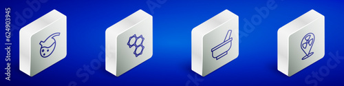 Set Isometric line Test tube and flask, Chemical formula, Mortar pestle and Radioactive in location icon. Vector