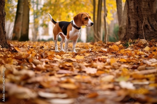 beagle searching for scent in autumn leaves, created with generative ai © altitudevisual