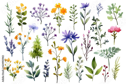 Watercolor elements - wildflowers, herbs, flowers, leaf. Garden and wild, forest herb, branches. Isolated on white background. 