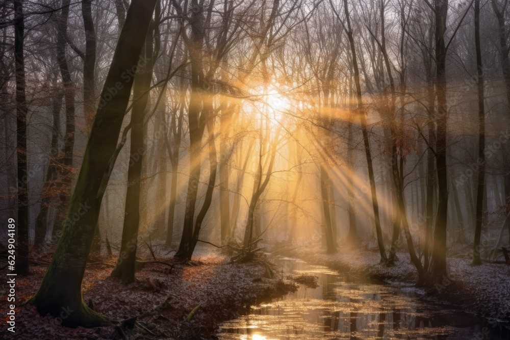 Obraz premium sun rays breaking through misty winter forest, created with generative ai