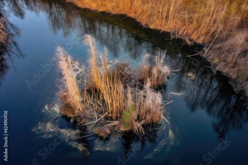 aerial view of a beaver dam across a river, created with generative ai