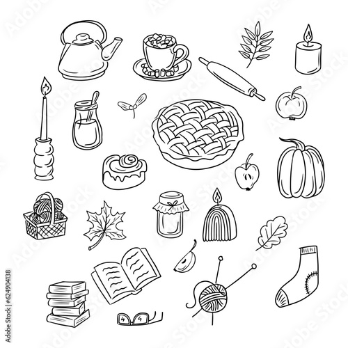 Set of hand drawn doodle cozy autumn things. Black vector isolated outline elements on white background. Teapot, apple pie, pumpkin. Unique sketch design. Perfect for coloring pages, stickers, tatoo photo