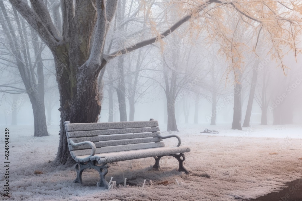 snowy park bench surrounded by fog and frost, created with generative ai
