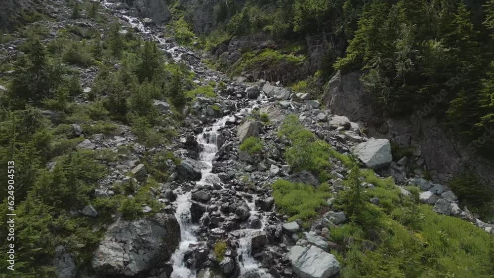 River running down the mountain by rocks and trees.