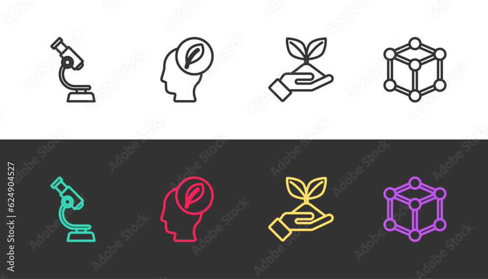 Set line Microscope, Human head with leaf inside, Plant hand and Molecule on black and white. Vector