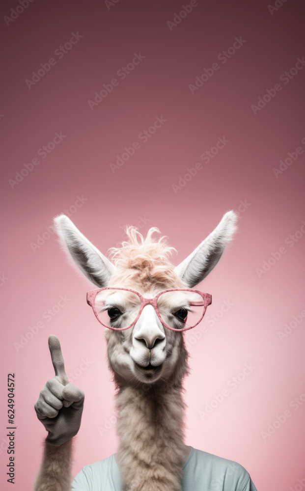 Obraz premium Funny alpaca llama with glasses, smiling, pointing finger above, to empty copy space vertical banner. Generative AI