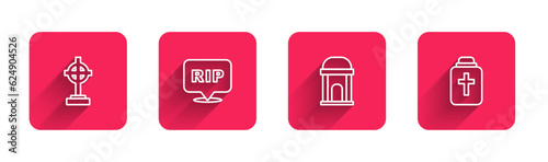 Set line Grave with cross, Speech bubble rip death, Old crypt and Funeral urn with long shadow. Red square button. Vector