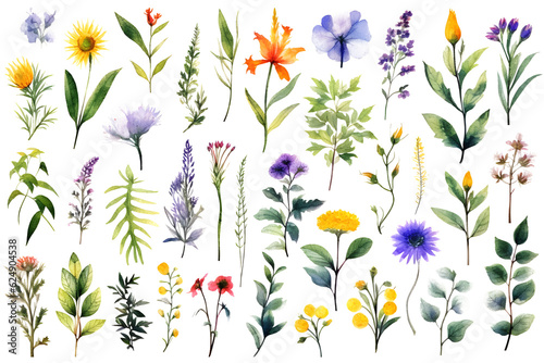 Watercolor elements - wildflowers, herbs, flowers, leaf. Garden and wild, forest herb, branches. Isolated on white background. 