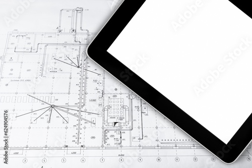 Slika na platnu Buildings concept with cadastral drawings and digital tablet