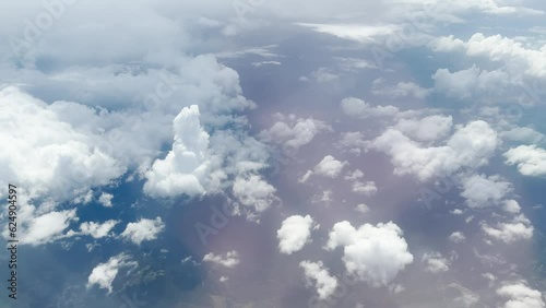 Close up shot of clouds from air. Landscape, realistic fluffy cumulus cloud. Sky, nobody and white heaven.