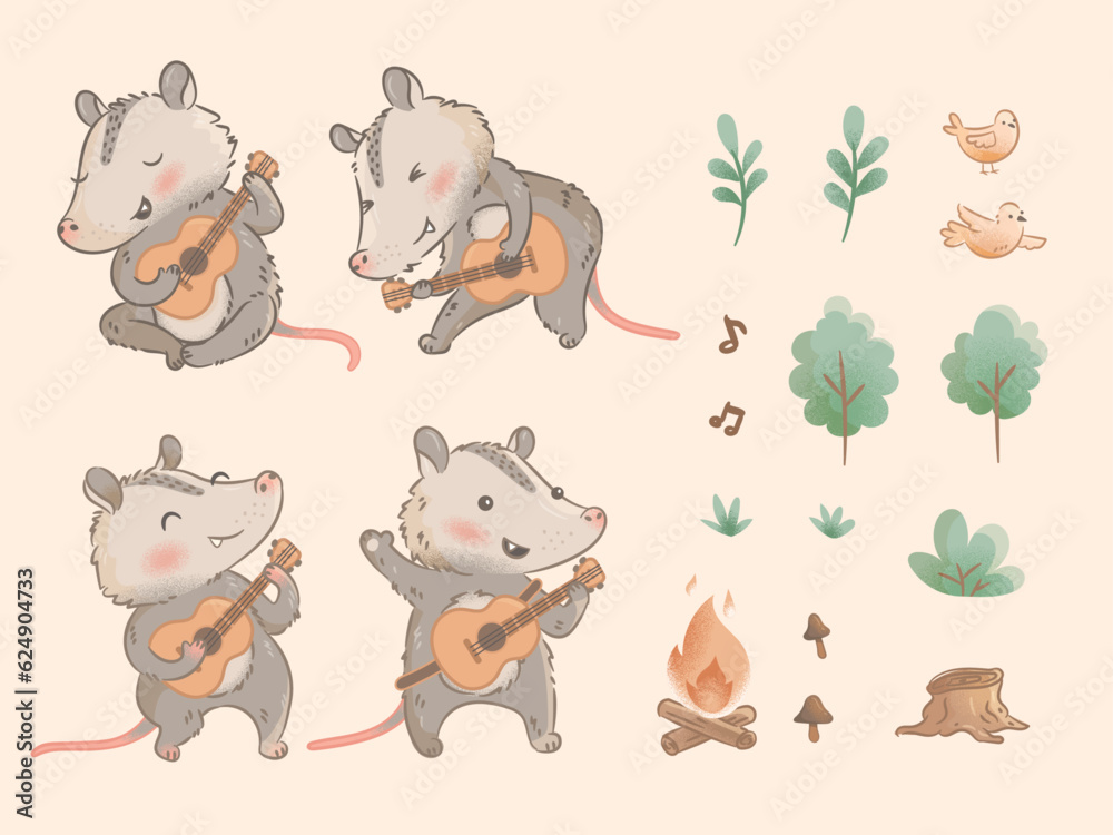 Fototapeta premium Cute Vector illustration opossum with guitar in the forest, wild. Concert. Fireplace. Vector cards, invitation, clipart for children. Sticker, pattern design. Kids design for fabric, textile, decor