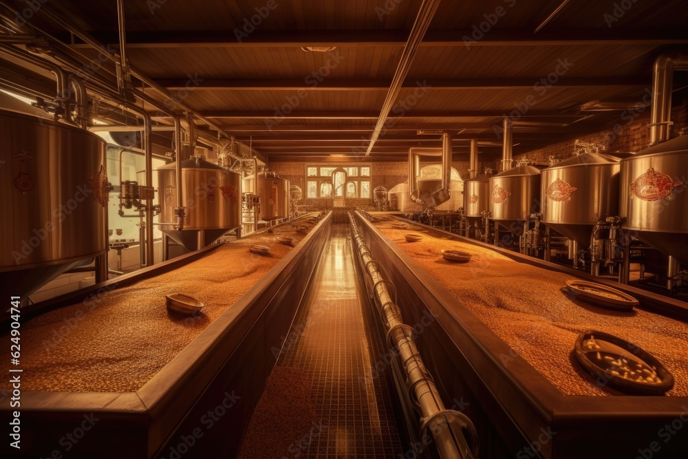 perspective shot of long beer production line in action, created with generative ai