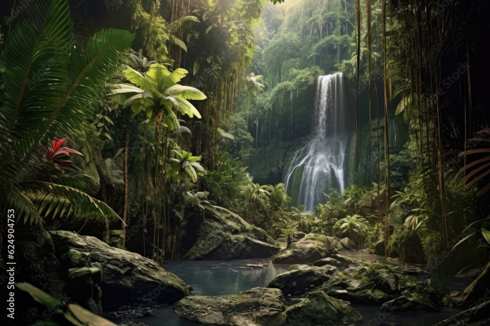 Fototapeta premium waterfall cascading through tropical jungle, created with generative ai