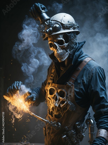 Skeleton welder around a bunch of smoke