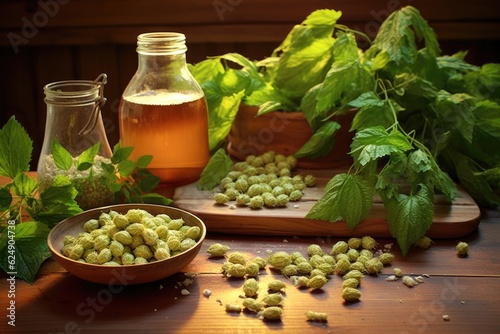 fresh hops on a wooden table with beer ingredients, created with generative ai