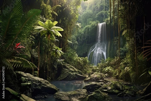 waterfall cascading through tropical jungle  created with generative ai