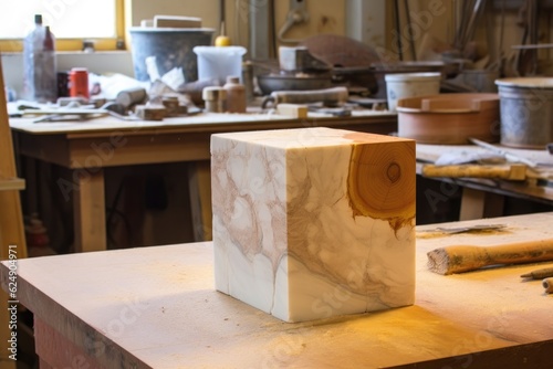 marble block ready for sculpting on a workshop table, created with generative ai