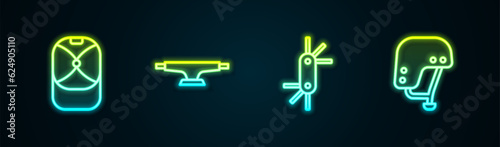 Set line Baseball cap, Skateboard wheel, Tool allen keys and helmet. Glowing neon icon. Vector