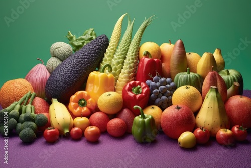 close-up of genetically modified fruits and vegetables  created with generative ai