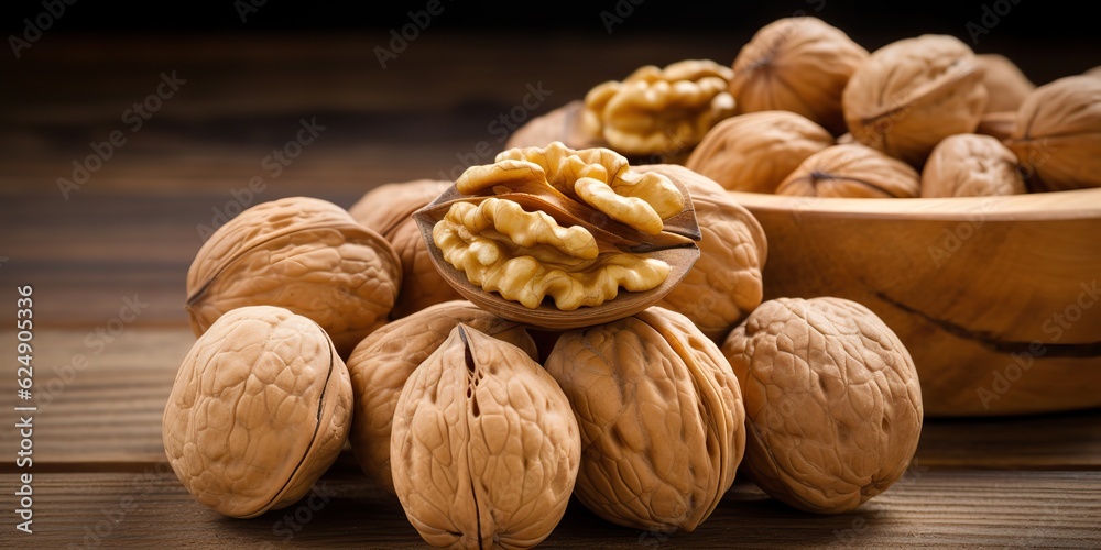 AI Generated. AI Generative. Healthy food nutrition nut walnut half open and in shell. Can be used for healthy lifestyle motivation inspiration. Graphic Art AI Generated. AI Generative. Healthy food nutrition nut walnut half open and in shell. Can be used for healthy lifestyle motivation inspiration. Graphic Art