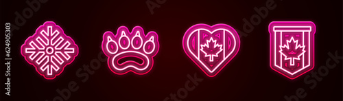 Set line Snowflake, Bear paw footprint, Heart shaped Canada flag and Pennant of. Glowing neon icon. Vector