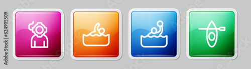 Set line Aqualung, Swimmer, Water polo and Kayak and paddle. Colorful square button. Vector