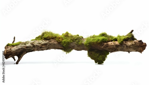 Fresh Green Moss on Rotten Branch and Dirt Isolated on White Background. Generative ai