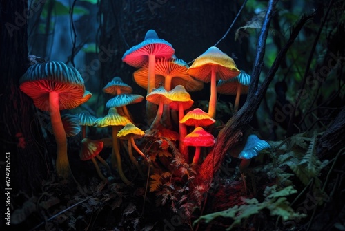 vibrant colors of bioluminescent fungi against dark foliage, created with generative ai