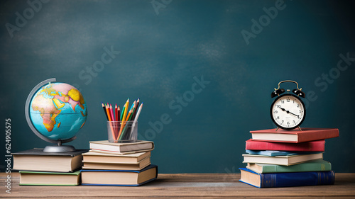 Back to School Concept. Earth Globe, Books, Alarm Clock, Notebooks, Colorful Stationery. Education Supplies. Blackboard Chalkboard Background for Learning. Stack of Books, Essentials on Wooden Table