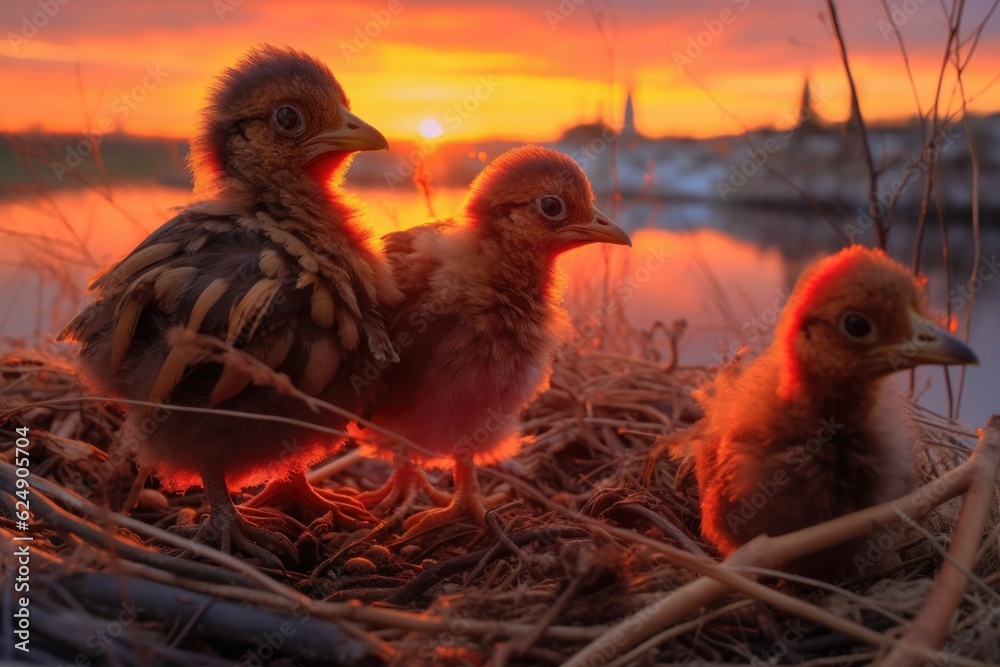 chicks eagerly waiting for food in a nest at sunrise, created with generative ai chicks eagerly waiting for food in a nest at sunrise, created with generative ai