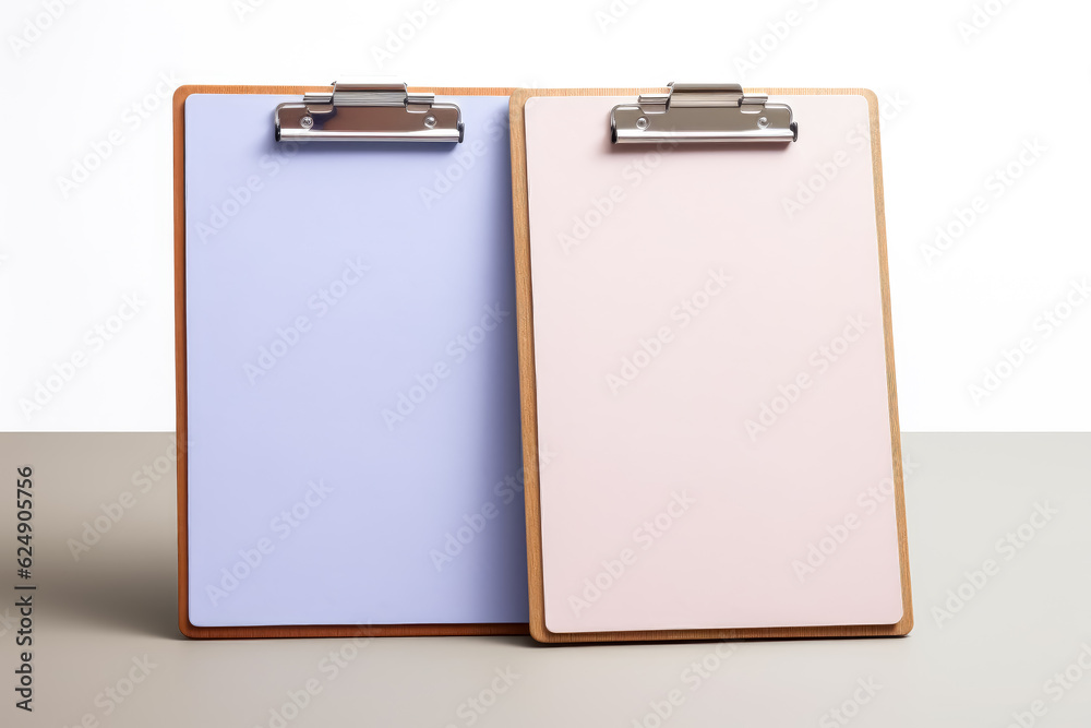Colorful office clipboard in white background. Notepad and pen on white background, in the style of purple and gray, minimalist still life. Blank Clipboard mockup. Colorful office clipboard in white background. Notepad and pen on white background, in the style of purple and gray, minimalist still life. Blank Clipboard mockup.