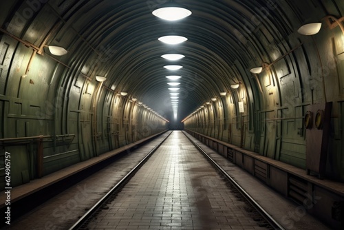 empty subway tunnel with dim lighting and curved walls, created with generative ai