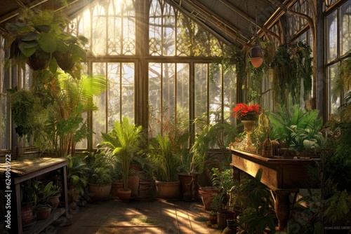 sunlit interior of a victorian greenhouse with lush plants, created with generative ai