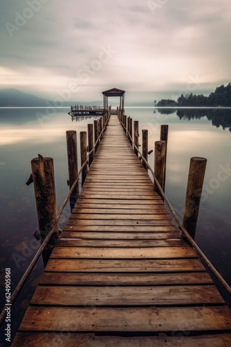 wooden pier stretching out over calm lake  created with generative ai