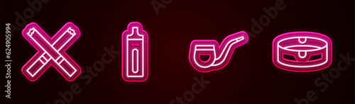 Set line Cigarette, Electronic cigarette, No pipe smoking and Ashtray. Glowing neon icon. Vector
